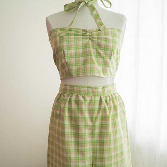 Reworked 60s vintage green plaid 4 piece set blazer, top, skirt and belt - Picture 3 of 8